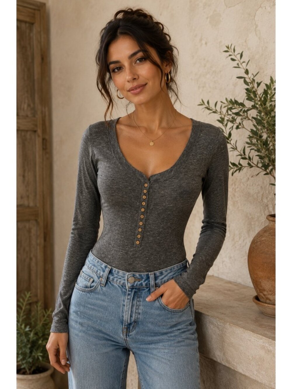 Free People Gray Long Sleeve Bodysuit Women’s Small Boho